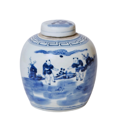 Blue and White Porcelain Playing Children Round Storage Jar